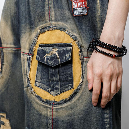 Casual Hole Elastic Waist Pockets Pants