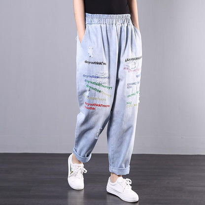 Casual Letter Embroidery Hole Jeans For Women