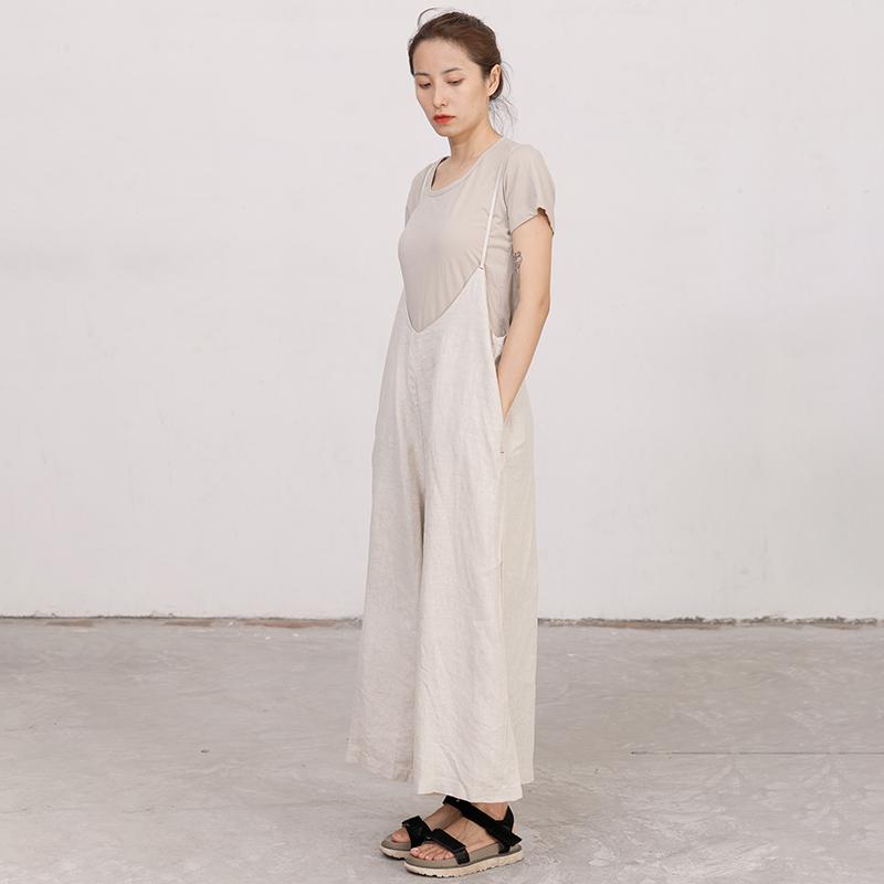 Casual Linen Ajustable Strap Loose Beige Jumpsuit