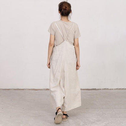 Casual Linen Ajustable Strap Loose Beige Jumpsuit