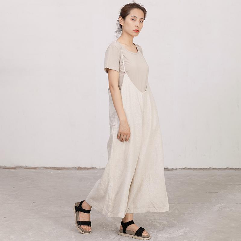 Casual Linen Ajustable Strap Loose Beige Jumpsuit