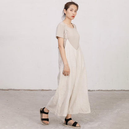Casual Linen Ajustable Strap Loose Beige Jumpsuit