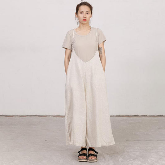 Casual Linen Ajustable Strap Loose Beige Jumpsuit