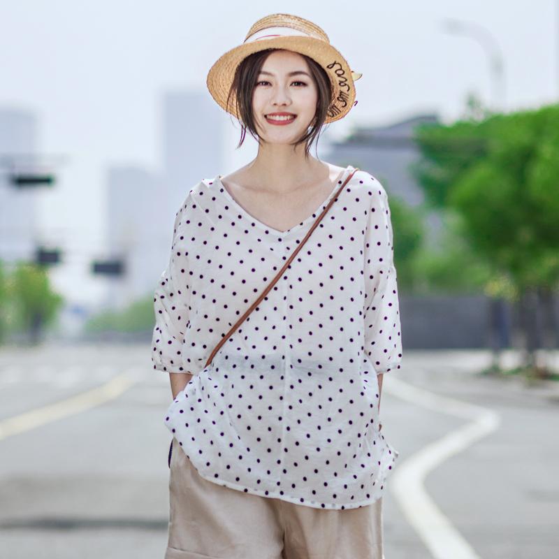 Casual Linen Dot V-Neck Women Blouse