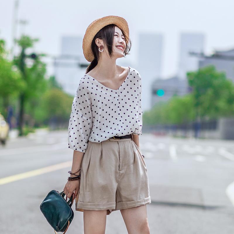 Casual Linen Dot V-Neck Women Blouse