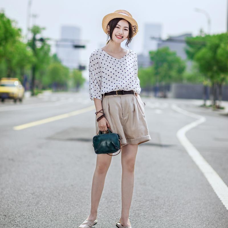 Casual Linen Dot V-Neck Women Blouse