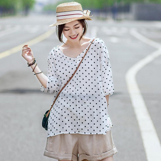 Casual Linen Dot V-Neck Women Blouse