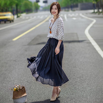Casual Linen Dot V-Neck Women Blouse