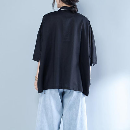 Casual Linen Polo Collar Spliced Striped Blouse
