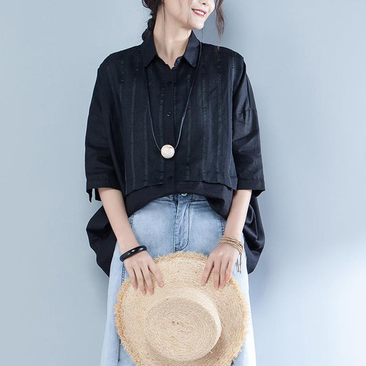 Casual Linen Polo Collar Spliced Striped Blouse