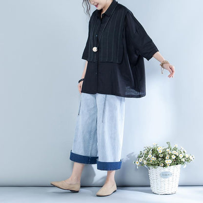 Casual Linen Polo Collar Spliced Striped Blouse