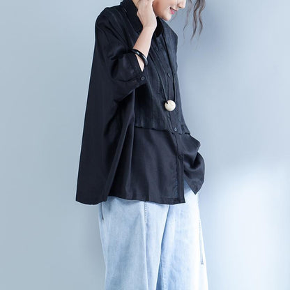 Casual Linen Polo Collar Spliced Striped Blouse