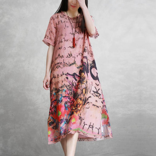 Casual Linen Round Neck Print Dress