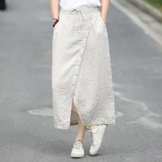 Casual Linen Solid Drawstring Women Skirt