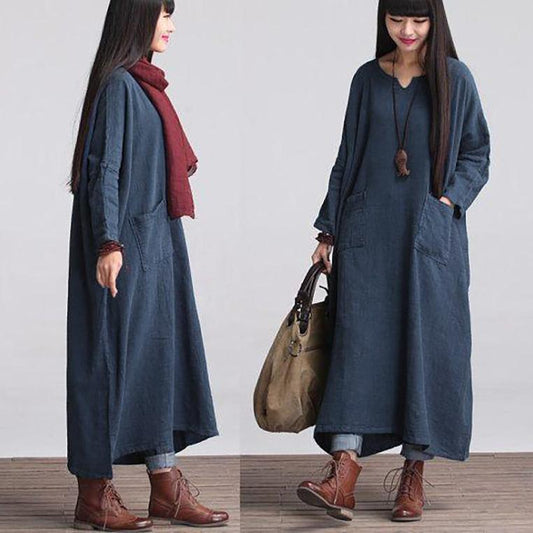 Custom made Casual Loose Fitting Long Sleeved Cotton and Linen Long Dress