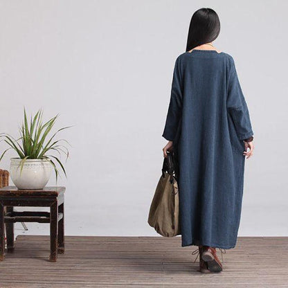 Custom made Casual Loose Fitting Long Sleeved Cotton and Linen Long Dress