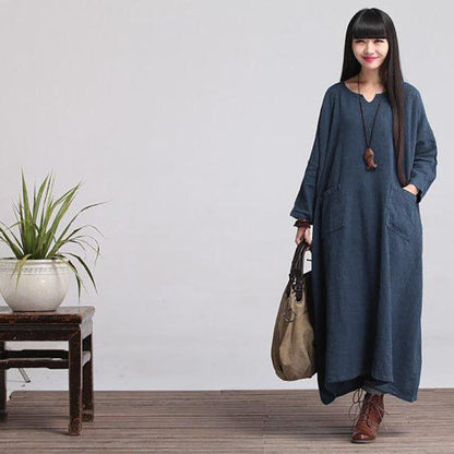Custom made Casual Loose Fitting Long Sleeved Cotton and Linen Long Dress