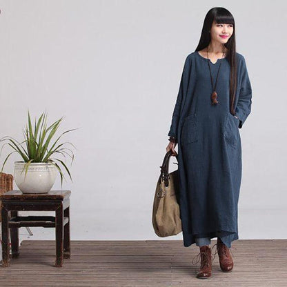 Custom made Casual Loose Fitting Long Sleeved Cotton and Linen Long Dress