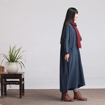 Custom made Casual Loose Fitting Long Sleeved Cotton and Linen Long Dress
