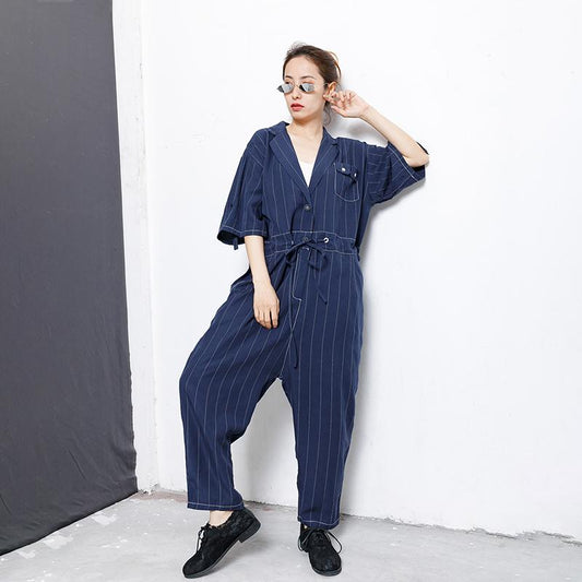 Casual Loose Stripe Drawstring Blue Overall