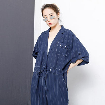 Casual Loose Stripe Drawstring Blue Overall