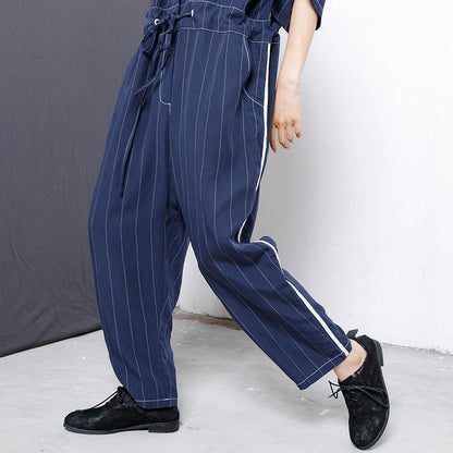 Casual Loose Stripe Drawstring Blue Overall