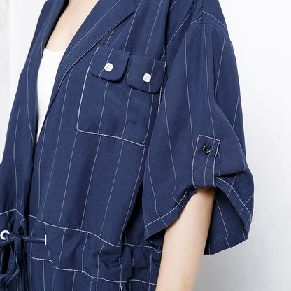 Casual Loose Stripe Drawstring Blue Overall