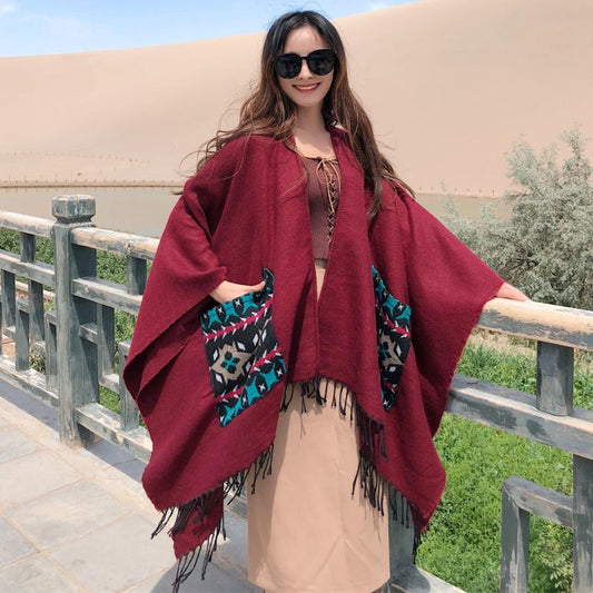 Casual Patch Pocket Jacquard Warm Shawl