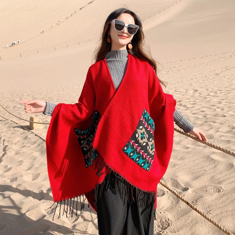 Casual Patch Pocket Jacquard Warm Shawl