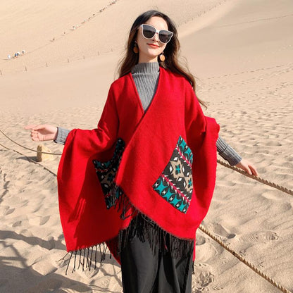 Casual Patch Pocket Jacquard Warm Shawl