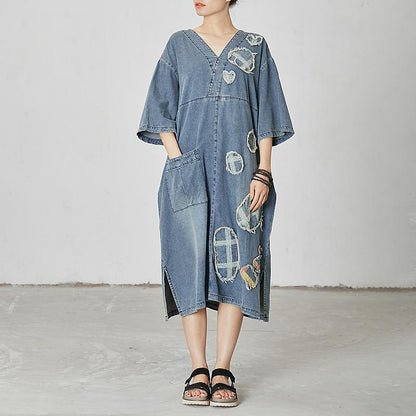 Casual Patchwork Burr Split Denim Dress