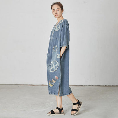 Casual Patchwork Burr Split Denim Dress