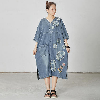 Casual Patchwork Burr Split Denim Dress
