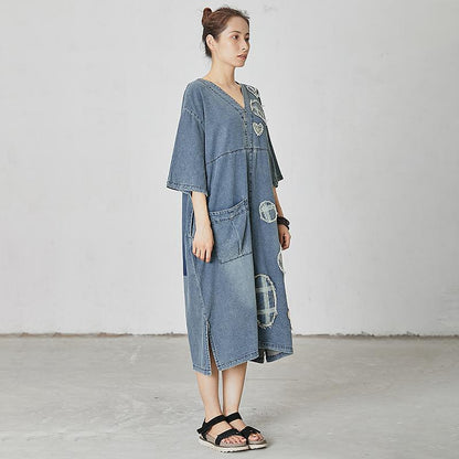 Casual Patchwork Burr Split Denim Dress