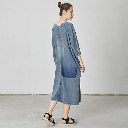 Casual Patchwork Burr Split Denim Dress