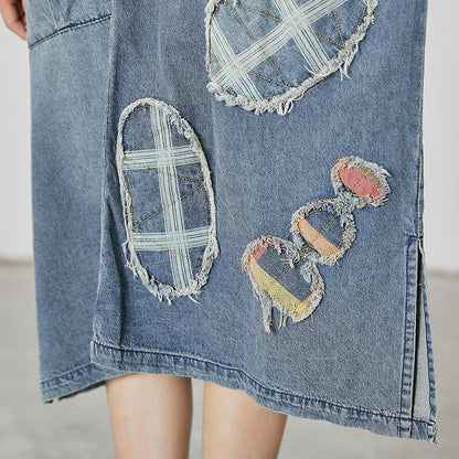 Casual Patchwork Burr Split Denim Dress
