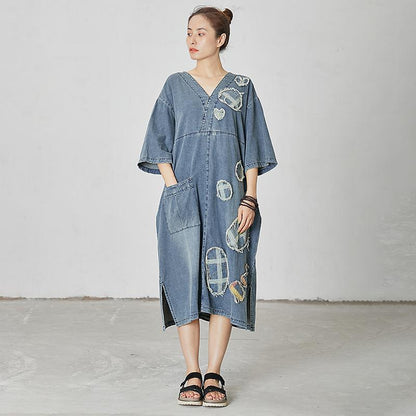 Casual Patchwork Burr Split Denim Dress