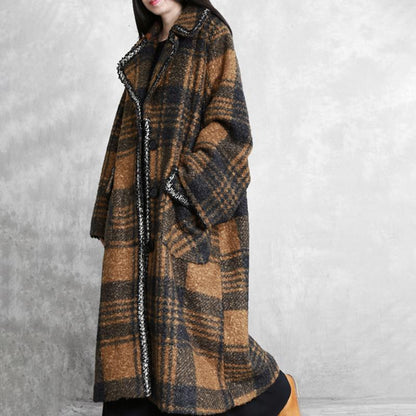 Casual Plaid Loose Tailored Collar Woolen Coat