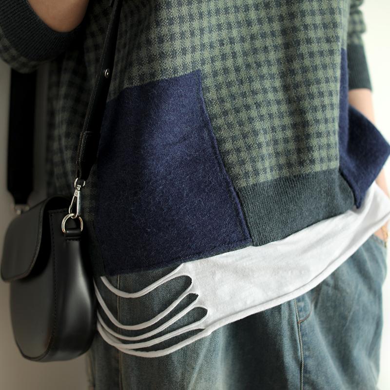 Buykud Casual Plaid Patchwork Round Collar Knitted Shirt