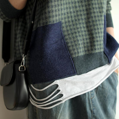 Buykud Casual Plaid Patchwork Round Collar Knitted Shirt