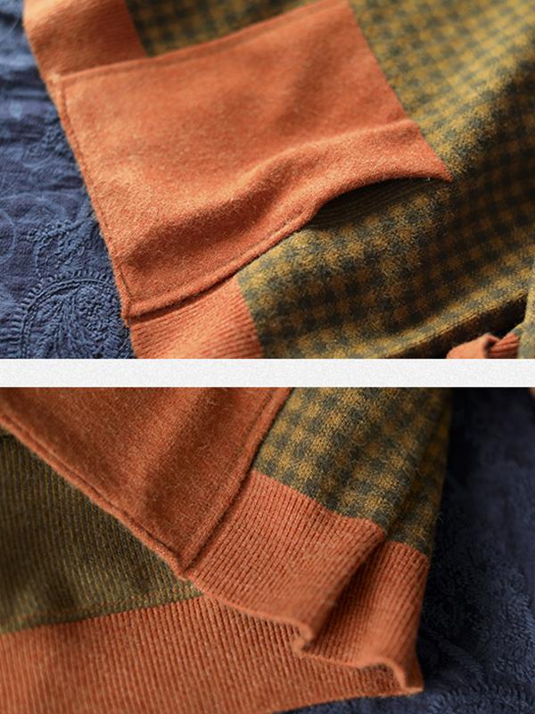 Buykud Casual Plaid Patchwork Round Collar Knitted Shirt