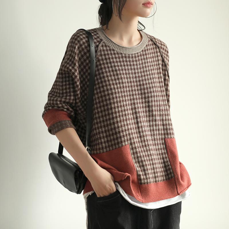 Buykud Casual Plaid Patchwork Round Collar Knitted Shirt