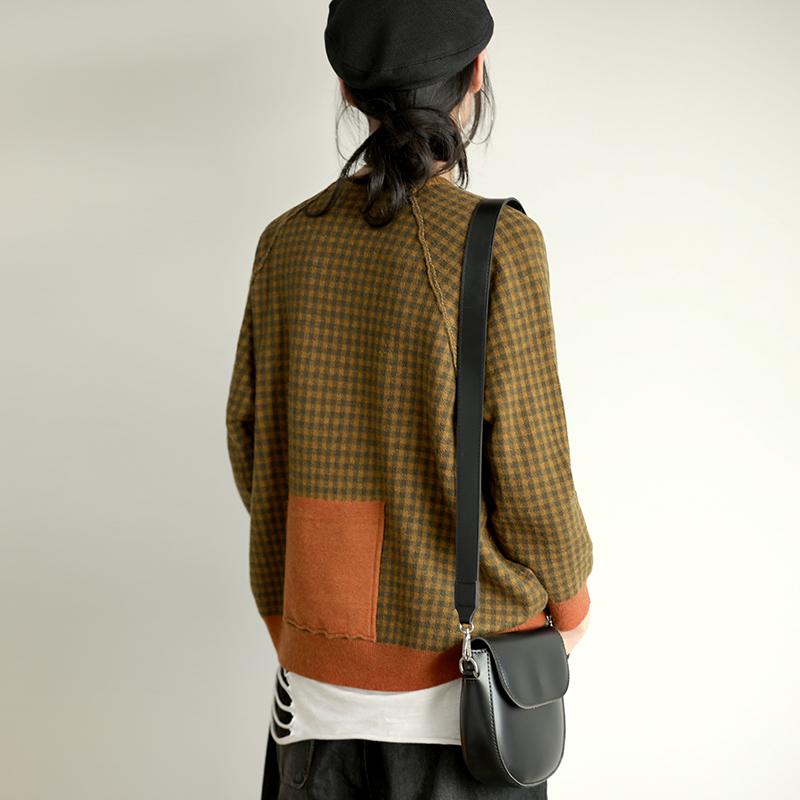 Buykud Casual Plaid Patchwork Round Collar Knitted Shirt