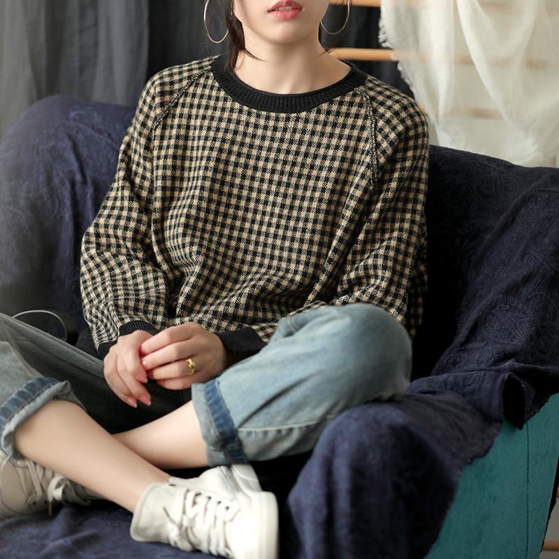 Buykud Casual Plaid Patchwork Round Collar Knitted Shirt