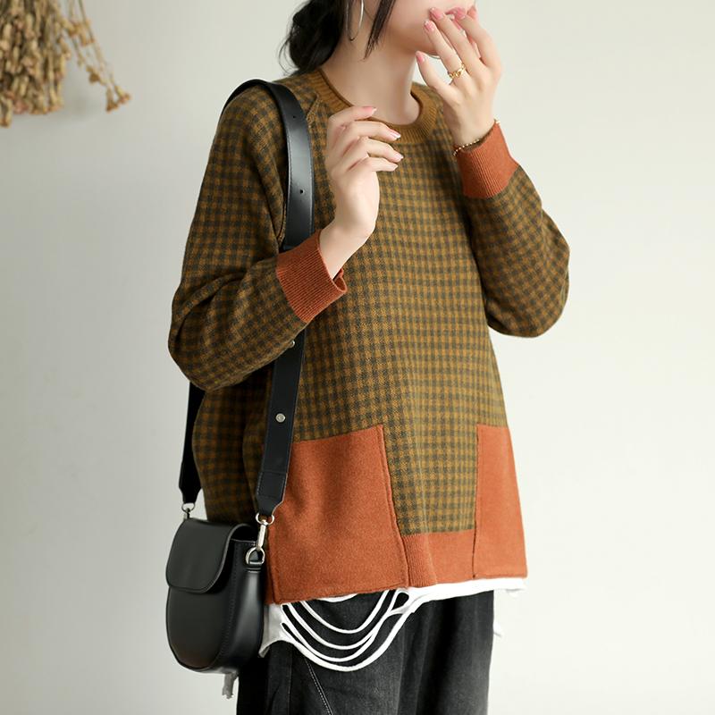 Buykud Casual Plaid Patchwork Round Collar Knitted Shirt