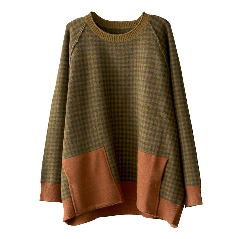 Buykud Casual Plaid Patchwork Round Collar Knitted Shirt