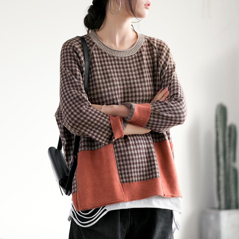 Buykud Casual Plaid Patchwork Round Collar Knitted Shirt