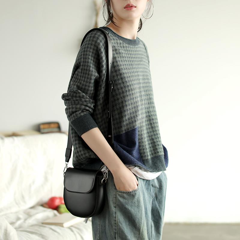 Buykud Casual Plaid Patchwork Round Collar Knitted Shirt