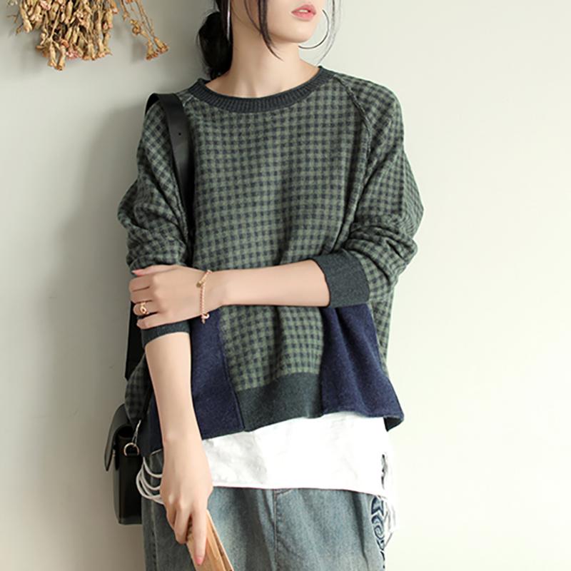 Buykud Casual Plaid Patchwork Round Collar Knitted Shirt