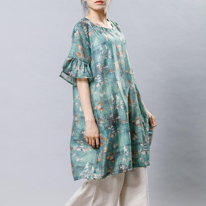 Casual Plant Printed Split Loose Mini Dress